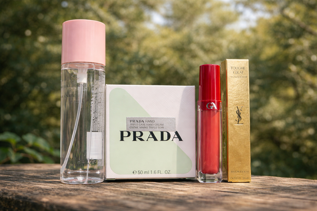 Combo: Yves Saint Laurent – Lip Oil / Gloss + Prada – Crema de manos (50 ml) + Giorgio Armani – Lip Maestro / gloss líquido + Yves Saint Laurent – Touche Éclat
